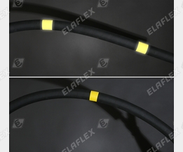 Vergleich visibility aircraft refuelling hoses - below: "Yellow Band" standard, top: "NEON" new version with reflecting bands